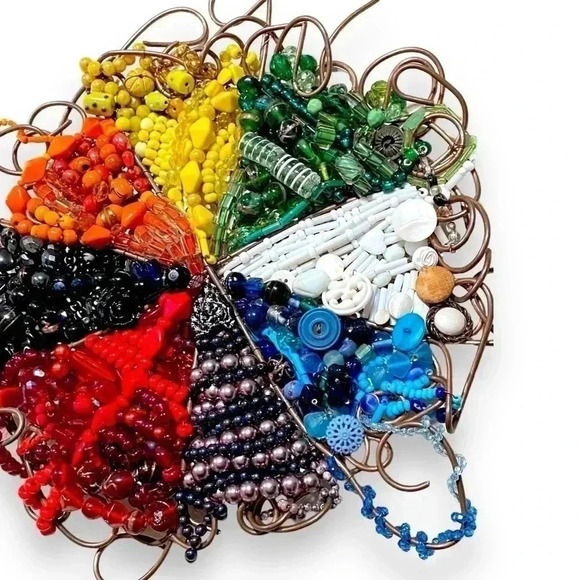 Hand Beaded Metalwork Artwork Glass Bead Rainbow Circle Hangable Mosaic - Picture 6 of 7